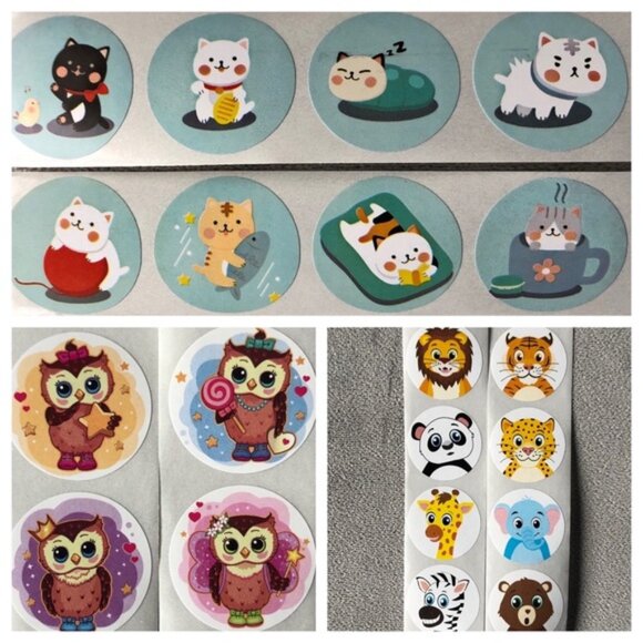 200 One Inch Stickers ~ Animal Theme ~ Owl Kawaii Asian Cat Wild Animals - Picture 1 of 9